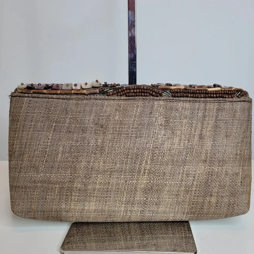 Misenka Raffia Hand-Woven Beaded Envelope Clutch Handbag NEW